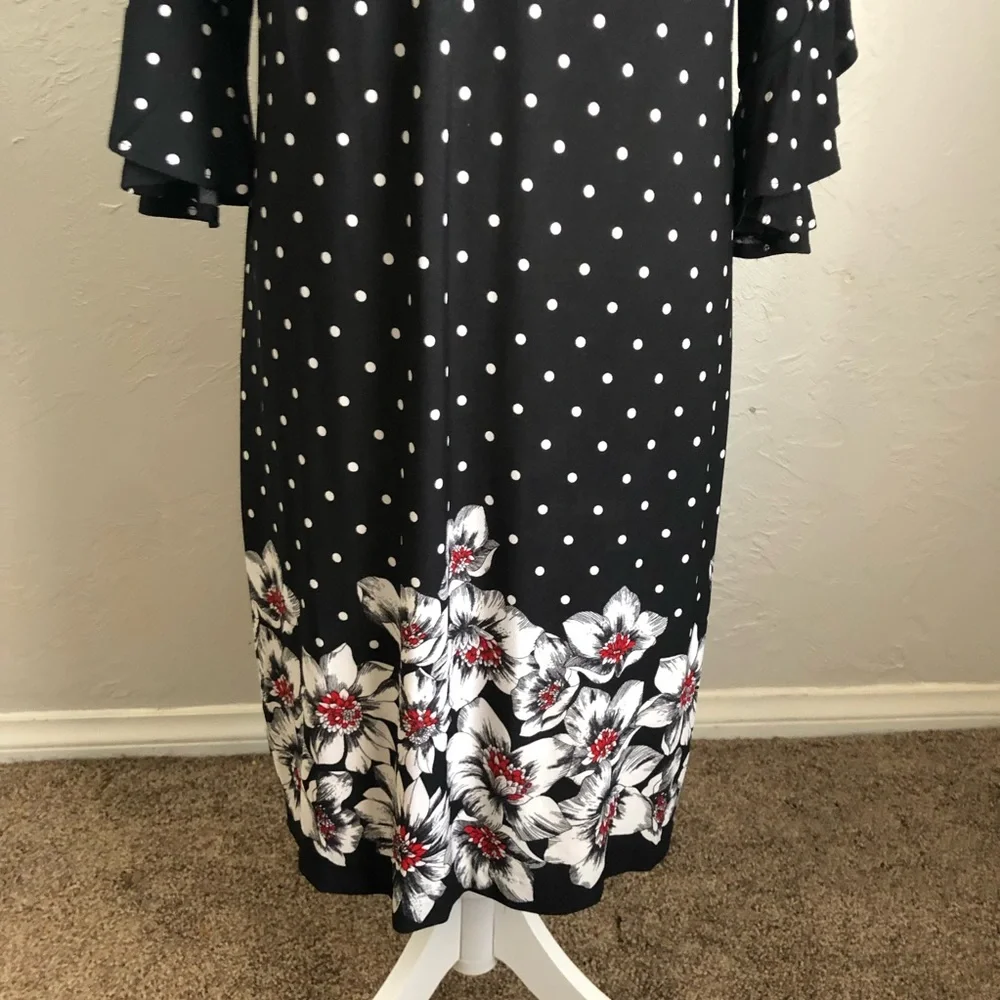 Sandra Darren Polka Dot Shift Dress with Floral Bottom 14 Black White Red - Picture 6 of 15